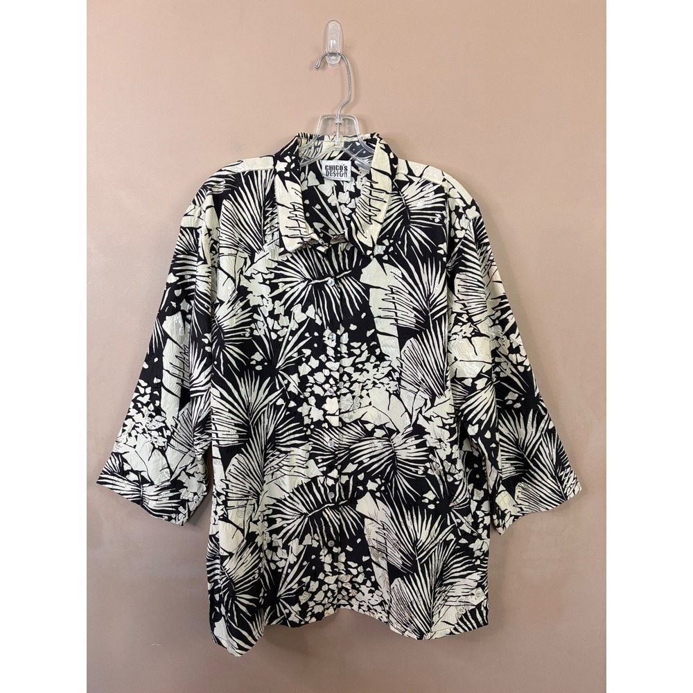 Chicos‎ Design Silk Blend Tropical Palm Leaf Jacquard Button Down Shirt Black 3